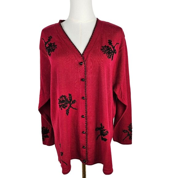 Graver Studio Vintage Womens Red Cardigan Sweater 1X Black Floral Embroidery - Picture 1 of 10